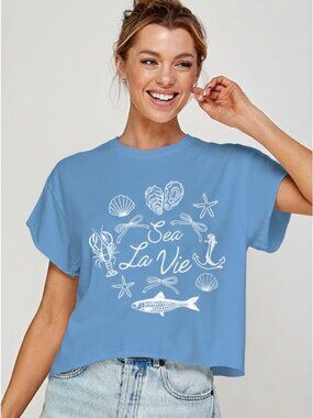 Sea La Vie Coastal Vibes T-Shirt in Denim Blue - Multiple Sizes Available
